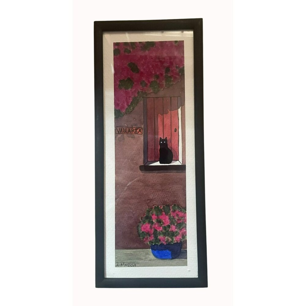 Z. Marisa Mexican Watercolor "Cat In Vallarta" Framed Art 16"x7" Under Glass